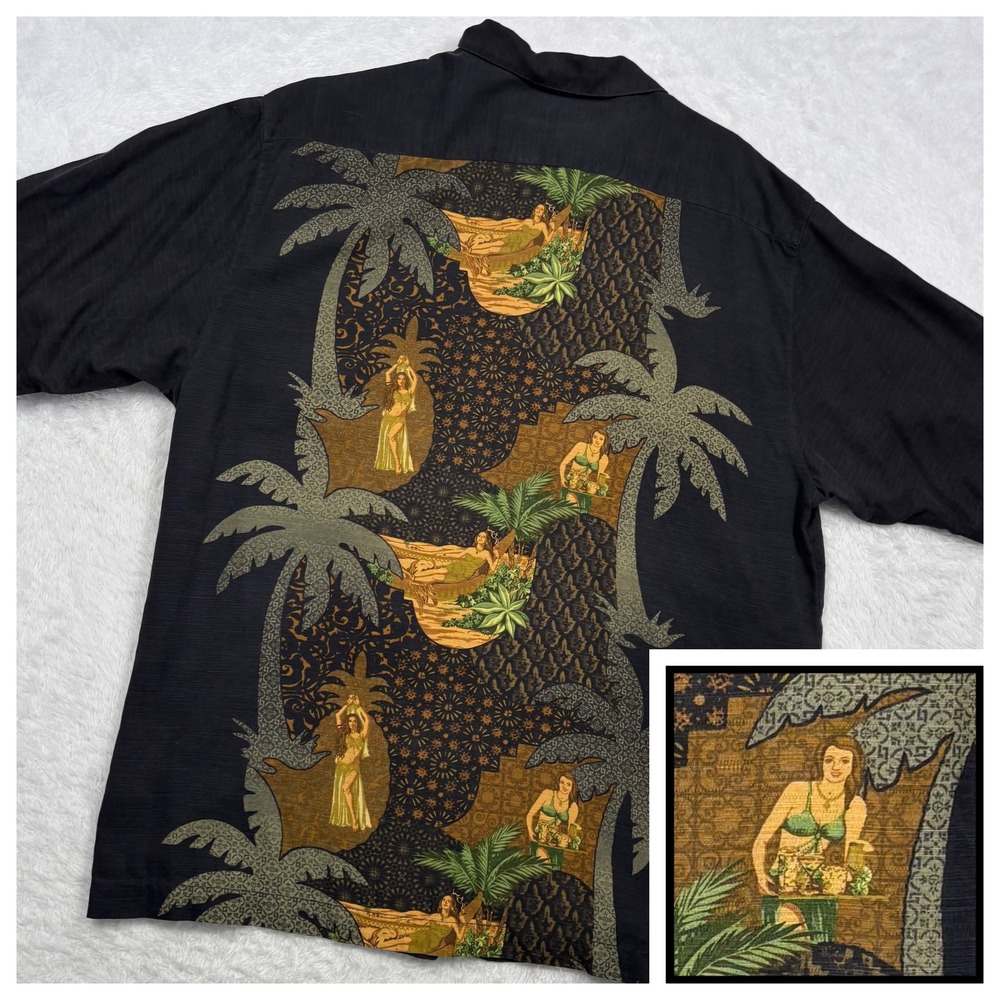 Tommy Bahama Camp Shirt Men M Black‎ Silk Palm Tree Hula Dancer Panel Back Aloha